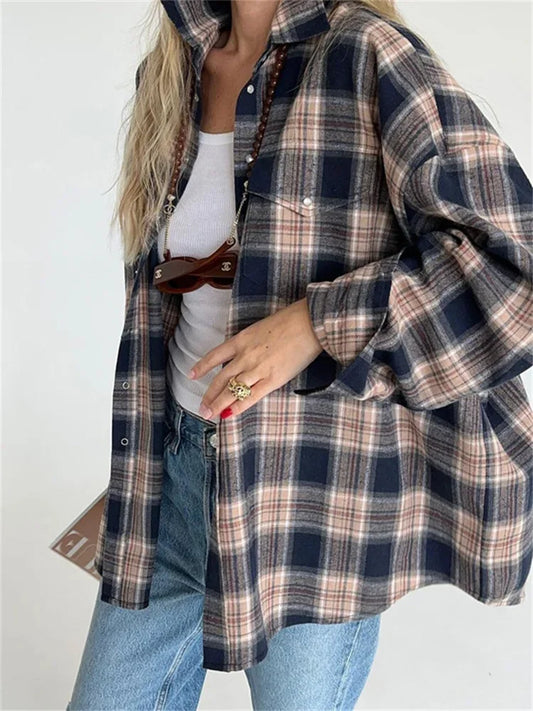 Lapel Autumn 2025 Shirts Outwear Fashion Ladies Contrast Long Sleeve Patchwork Elegant Women Coat Cardigan Female Shirts