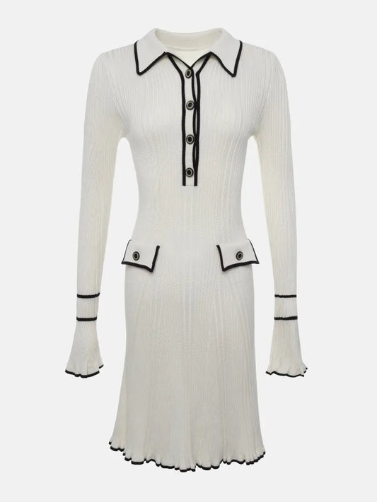 Vestido mini con solapa en contraste para mujer, vestido de otoño de talle alto con retazos acanalados y manga larga, elegante vestido de punto con volantes.