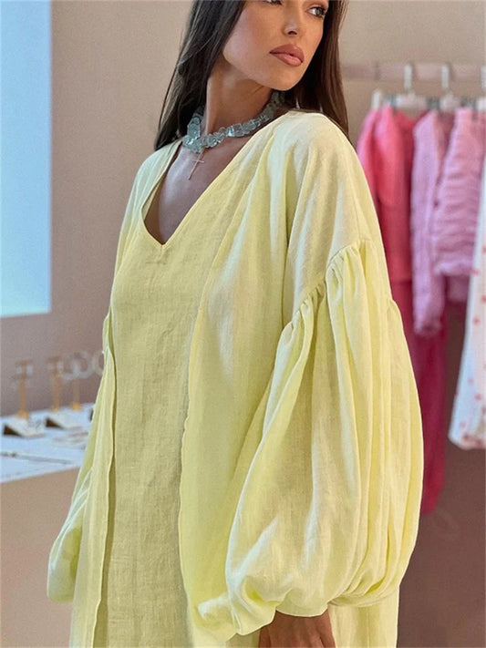 Loose 2 Piece-Set Long Dress Cover up Clothes For Women Casual V-Neck Solid High Waist Beach Holiday Maxi Dress Outfits