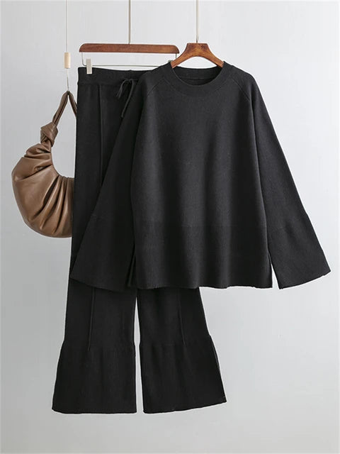 Conjuntos casuales sueltos de dos piezas para mujer, suéter de punto de gran tamaño y pantalones acampanados, conjuntos de chándal de punto para mujer, conjuntos de suéter