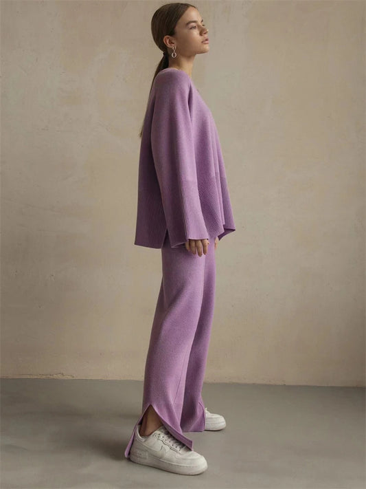 Losse Casual Ladies Two Piece Sets Knitwear Oversized Sweater And Flared Pants Sets Women Knit Tracksuit Sweater Outfits