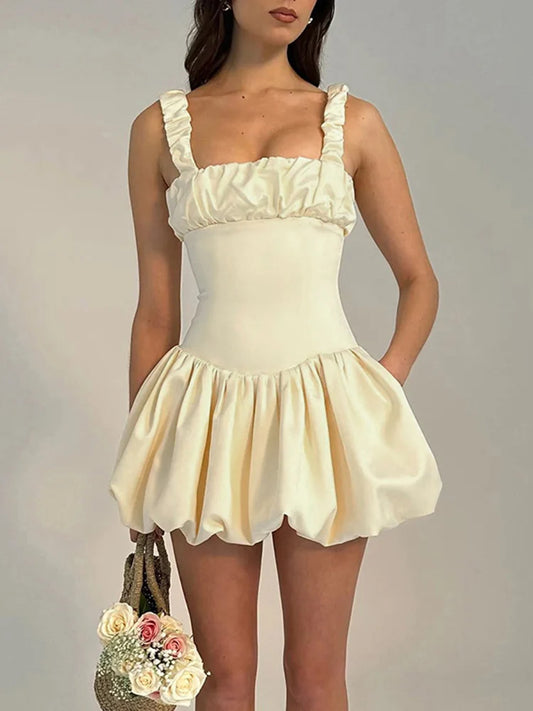 Vestido corto con tirantes para mujer, nuevo, con pliegues y retazos, sin mangas, sexy, liso, estilo princesa, para fiesta de cumpleaños y baile.
