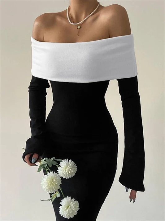 Off-Shoulder Patchwork Slim Maxi Dress For Women Long Sleeve High Waist Elegant Backless Party Dress Female Autumn Outfit