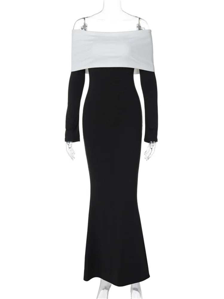 Vestido largo ajustado con hombros descubiertos y patchwork para mujer, manga larga, cintura alta, elegante, sin espalda, para fiesta, atuendo de otoño para mujer