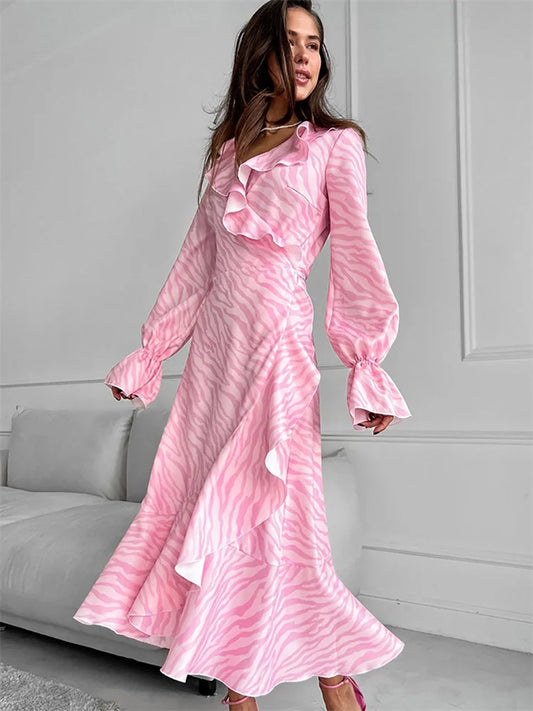 Pink Printed Ruffled Long Dress Women’s Lace-Up Long Sleeve Elegant Contrast Patchwork Party Dress Female Bandage Dress
