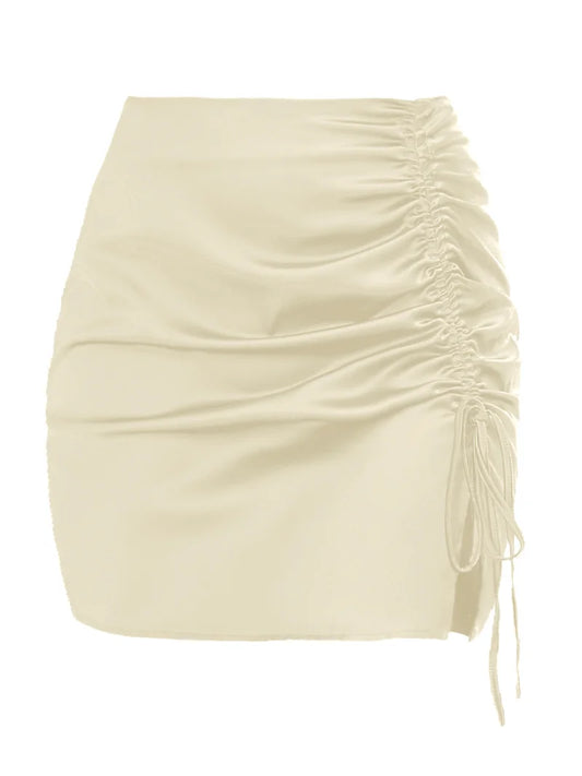 Pleated Lace-Up Satin Mini Skirt Side Split Fashion For Women Skirt Solid High Waist Zipper Casual Outfit Ladies Skirt