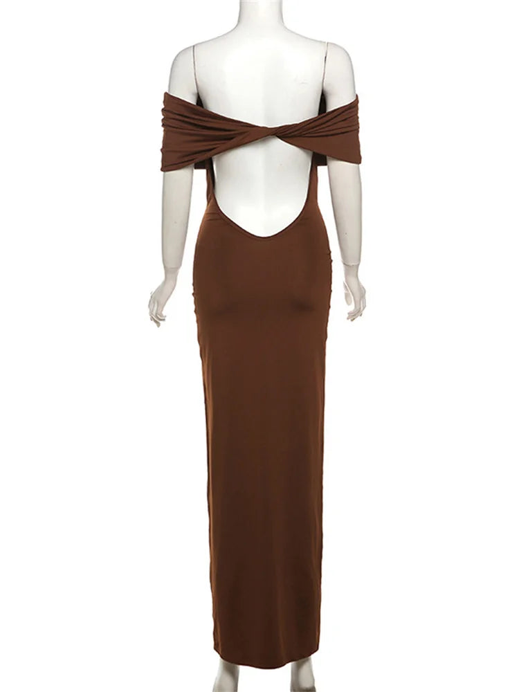 Vestido largo elegante plisado con hombros descubiertos para mujer, vestido de fiesta liso con retazos en la espalda y giro, vestido maxi de verano nuevo