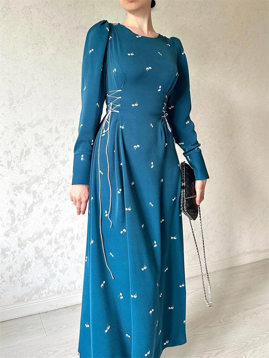 Printed Bandage Elegant Maxi Dress For Women Slim Patchwork Lace-Up Long Sleeve Fashion Dress Female Contrast Long Dress