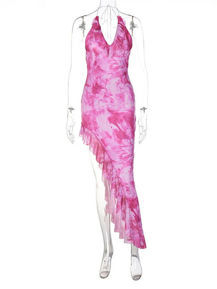 Vestido midi estampado con volantes y cordones para mujer, de malla con retazos, sin espalda, elegante, de fiesta, ajustado, a la moda, con escote en V, falda de tul sexy