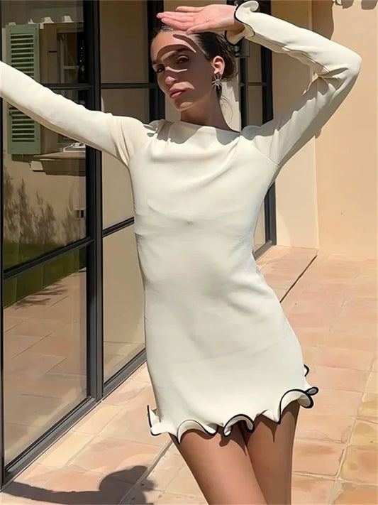 Minivestido de otoño con volantes para mujer, elegante vestido de fiesta informal de retazos de manga larga ajustado, nuevo