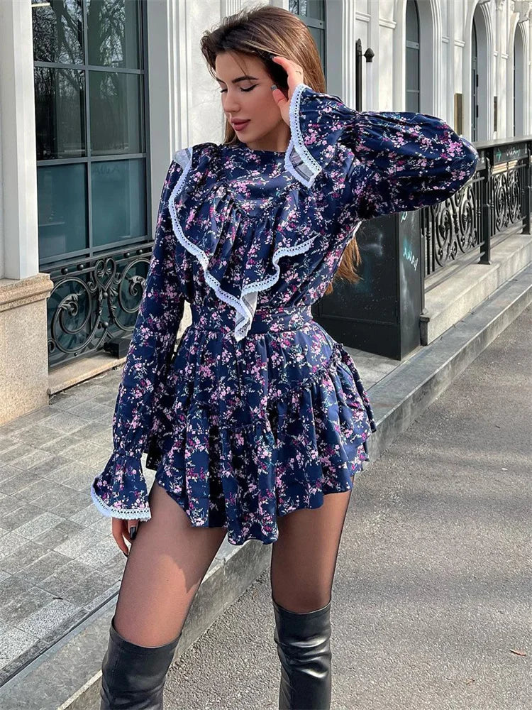 Ruffled Patchwork Women’s Mini Dress – Elegant Long Sleeve Party Dress