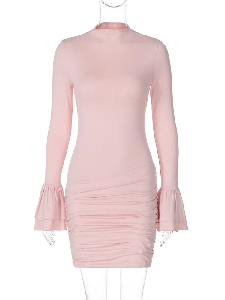 Ruffled Patchwork High Waist Mini Dress Women’s Solid Pleated Skinny Elegant Y2k Autumn Party Dress Female Sexy Dress