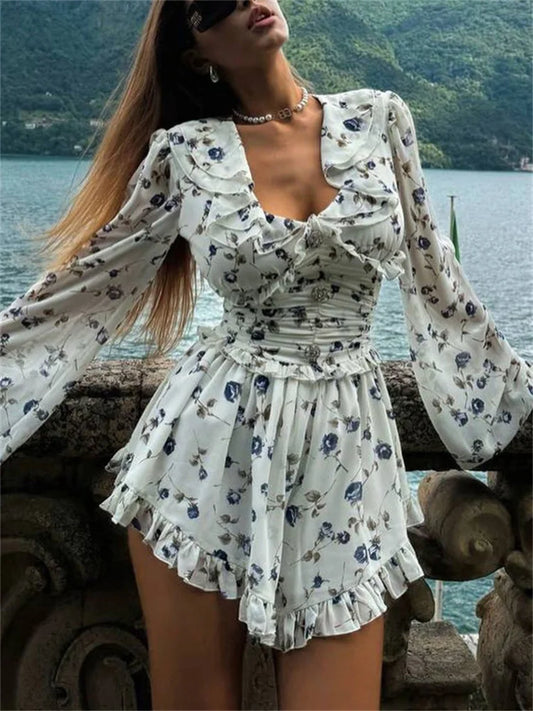 Vestido mini con volantes, cuello en V, estampado, vendaje para mujer, moda de otoño, con cordones en contraste, vestido de fiesta para mujer