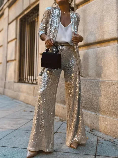 Conjunto de 2 piezas de lentejuelas para mujer, con pierna recta, ajustado, con retazos de purpurina, ropa de abrigo y pantalones