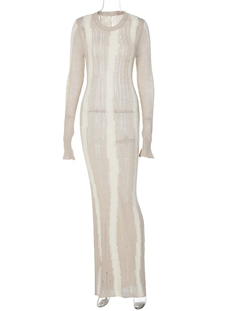 Vestido maxi sexy de punto calado para mujer, elegante, ajustado, de moda, de manga larga, para fiesta, otoño 2025, vestido de punto para mujer