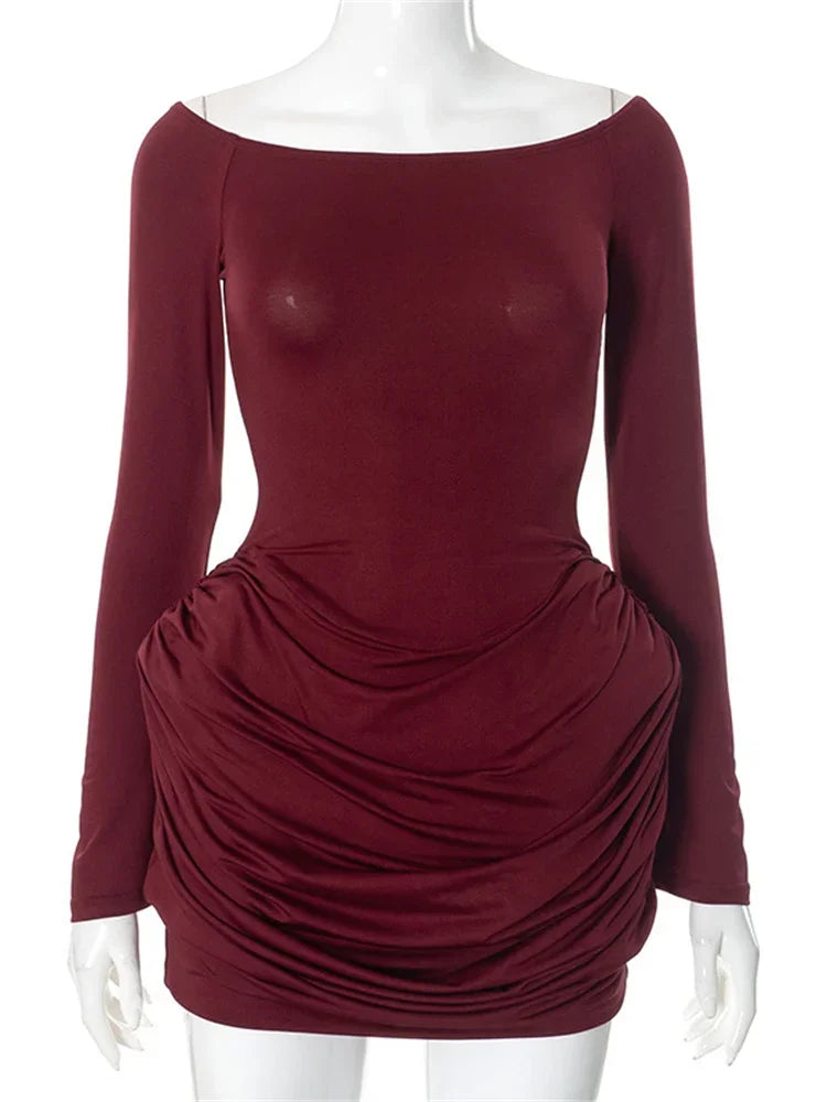 Sexy Pleated Fashion Mini Dress Women’s Off-Shoulder High Waist Elegant Long Sleeve Party Dress Female Solid Bodycon Dress