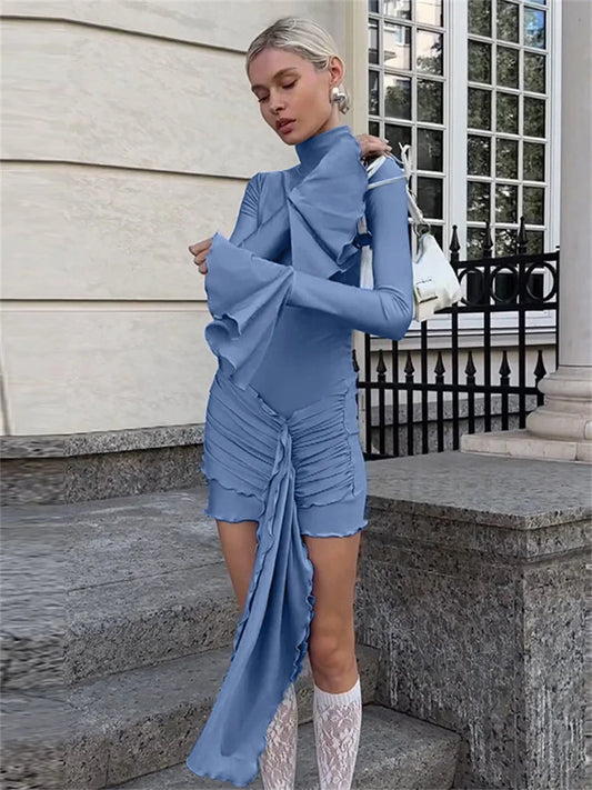 Vestido mini sexy ajustado con volantes y cuello alto de manga larga para mujer, vestido de fiesta elegante con borlas a la moda para otoño.