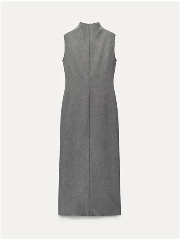 Vestido largo sin mangas con cuello alto y abertura en la espalda para mujer, recto, liso, ajustado, de cintura alta, con cremallera, otoño 2025