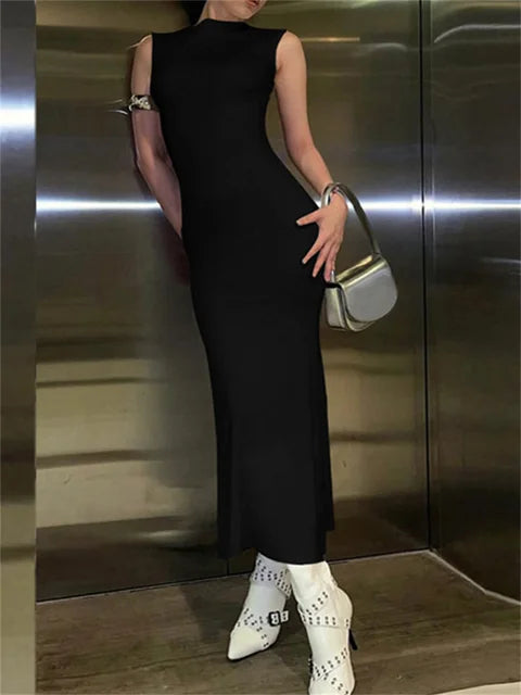 Vestido largo liso sin mangas para mujer, ajustado, con hombros descubiertos, elegante, ajustado, para fiesta, de verano