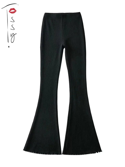 Solid Knitted High Waist Flare Pants For Women Ribbed Casual Leggings Female Stretchy Bodycon Trousers Fashion Streetwear