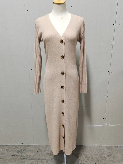 Vestido de punto tipo suéter de primavera, nuevo, cuello en V, manga larga, ajustado, midi, cárdigan, prendas de punto, vestidos casuales blancos para mujer 2025