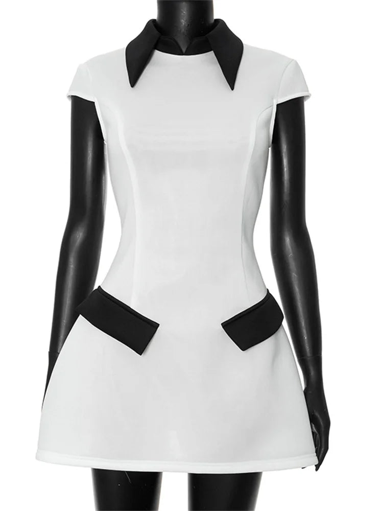 Vestido mini de verano con contraste para mujer, cintura alta, patchwork, solapa, ajustado, elegante, estilo urbano
