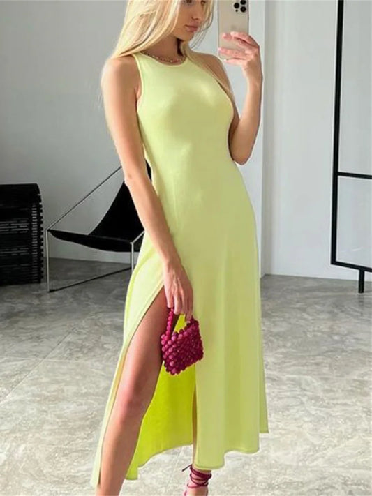 Summer New Sleelvess Slim Bodycon Dress Women Casual High Split Out Solid Holiday Beach Sundress White Tank Dresses 2025