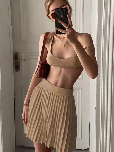 Summer Sleeveless Tank Top And Mini Pleated Skirt Sets Beach Outfits Knit Set Women 2 Piece Sets Sexy Party Dress Suit