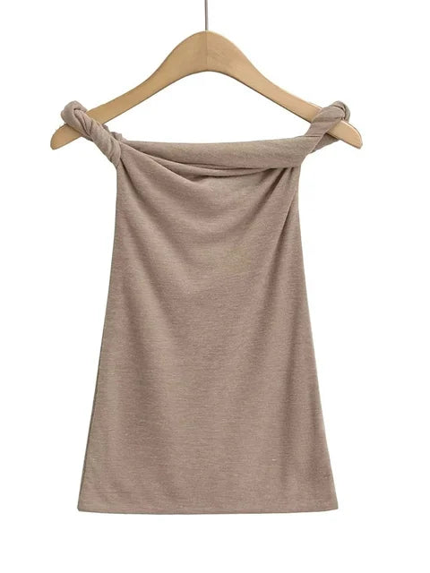Twist Off-Shoulder Slim T-shirt Solid Patchwork Elegant Backless Women’s Top Y2k Top Pleated Casual Strapless Pullover Tee