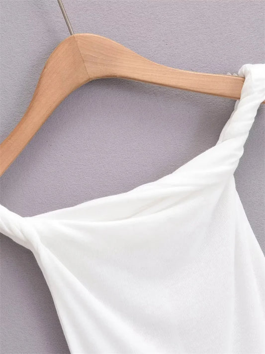 Twist Off-Shoulder Slim T-shirt Solid Patchwork Elegant Backless Women’s Top Y2k Top Pleated Casual Strapless Pullover Tee