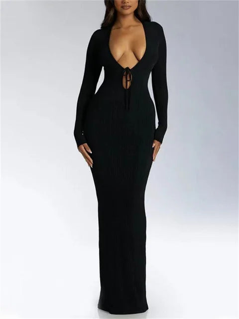V-Neck High Waist Slim Maxi Dress – Solid Bandage Elegant Fashion Long Sleeve Party Dress Summer 2025