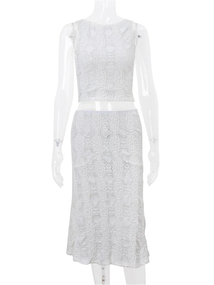 White Casual 2 Piece-Set Long Skirt Women Hollow Out Patchwork Sexy Cropped Tank Top And Maxi Skirt Sets Female Outfits
