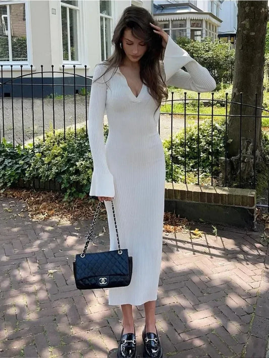 White High Waist Knitwear Dress Fashion Women Rib Lapel Autumn 2025 Slim Elegant Long Dress Casual Knit Solid Party Dress
