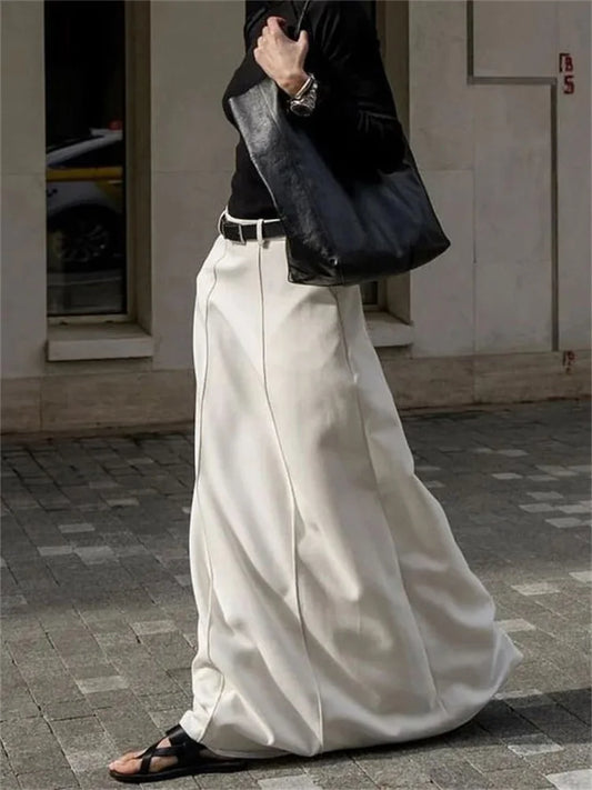 White High Waist Patchwork Long Skirt For Women Loose Casual Pocket Elegant Solid Fashion Summer 2025 Female Maxi Skirt
