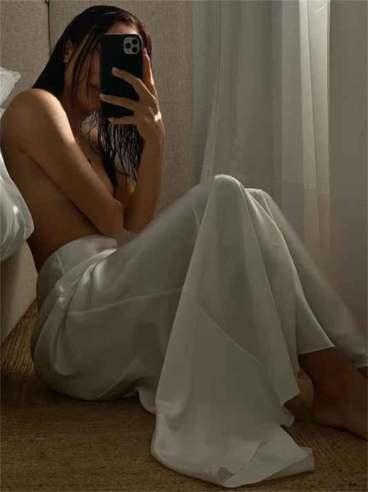 White Satin High Waist Long Skirt For Women Zipper Side Split Slim Elegant Party Maxi Skirt Y2k Outfit Female Long Skirt