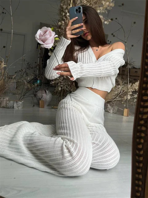 Women Casual Knitted Sweater Outfits Buttons See-Through Long Sleeve High Waist Knit Two Piece Fashion Trousers Outfits