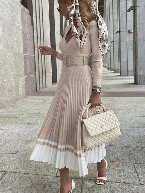 Women Ribbed V-neck Fold Knitted Max Dress Ladies Skinny Sexy A-line Dresses Two Color Patchwork Elegant Chic Vestidos