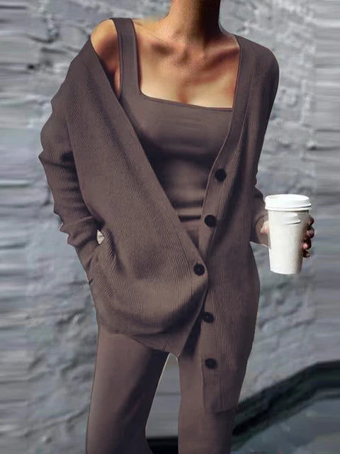 Women Solid Knitted 3 Pices Set Cardigan Tops Tank Top And Casual Loose Long Pants Chic Suit Tracksuit 2025 Fall Winter