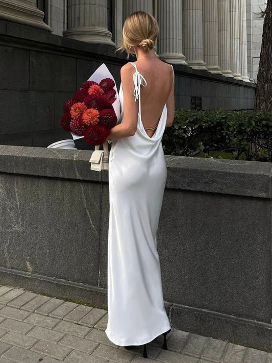 Women¡®s Sexy High Silt Spaghetti Strap Chain Long Dress V Neck Sleeveless Lace Up Backless Loose Evening Club Party Dress
