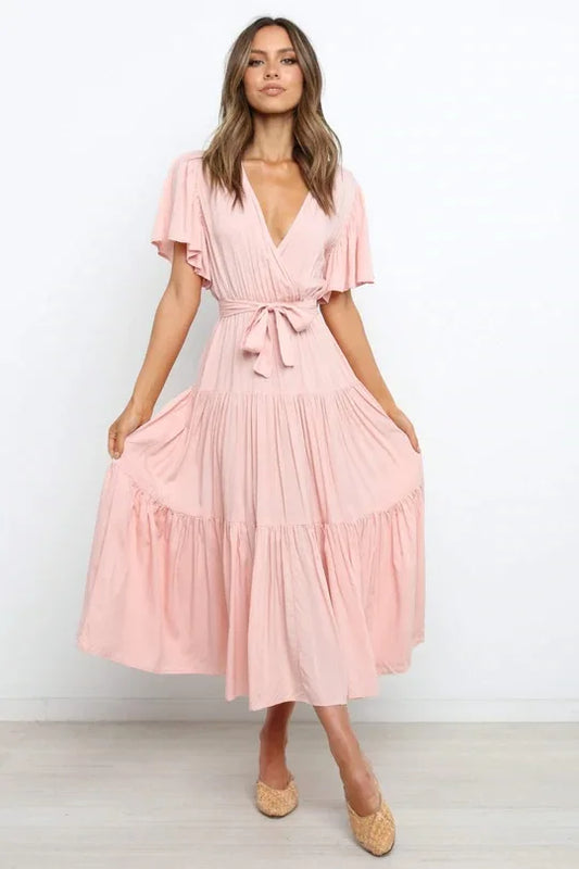 Trendy Solid Color Ruffles Long Dresses Women Sexy V-neck Ruffle Sleeves Leace-up Temperament Elegant Lady Dress 2025 Summer New