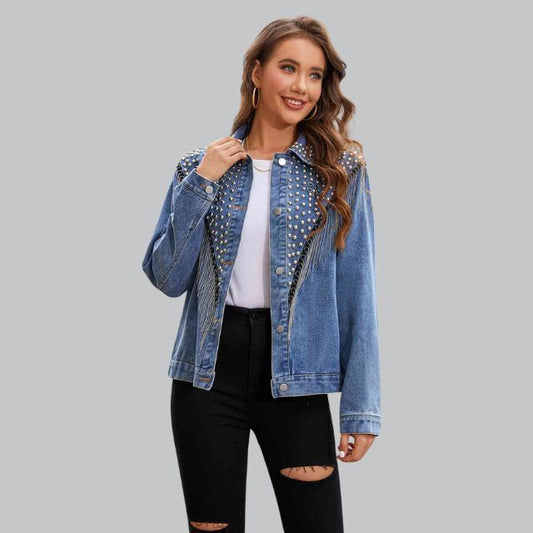Chic Denim Fringe Jacket with Studs | Great for Autumn Days