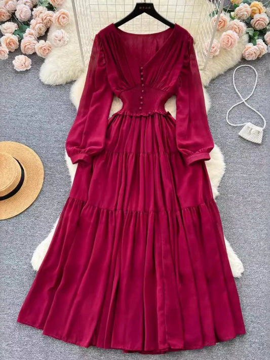 Vestido largo de gasa vintage para mujer, elegante, con escote en V, manga larga, informal, plisado francés, ajustado, corte A, largo