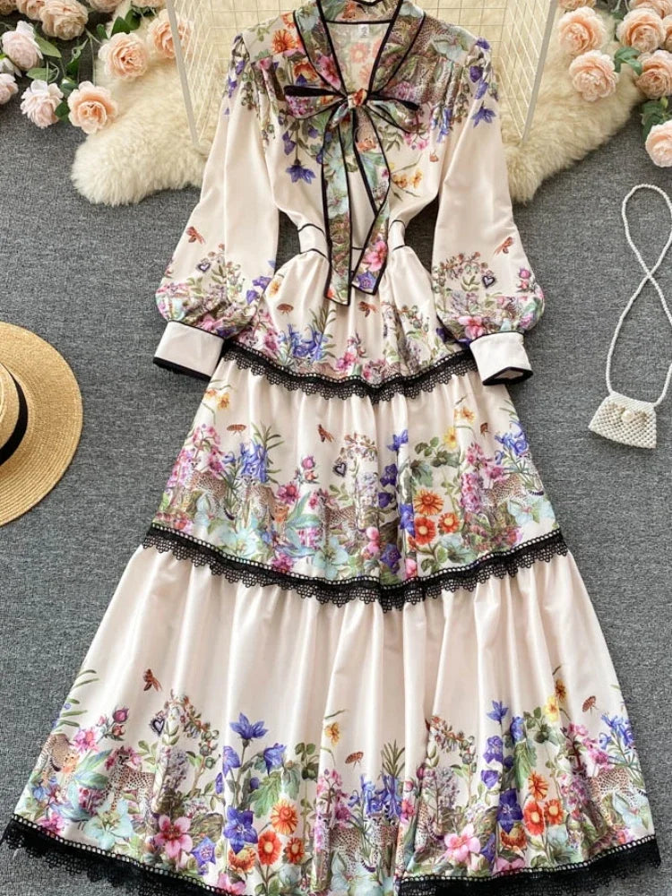 Vestido largo elegante vintage para mujer, vestido de fiesta ajustado con estampado floral, lazo, cintura elástica, farol, manga larga, vestido largo