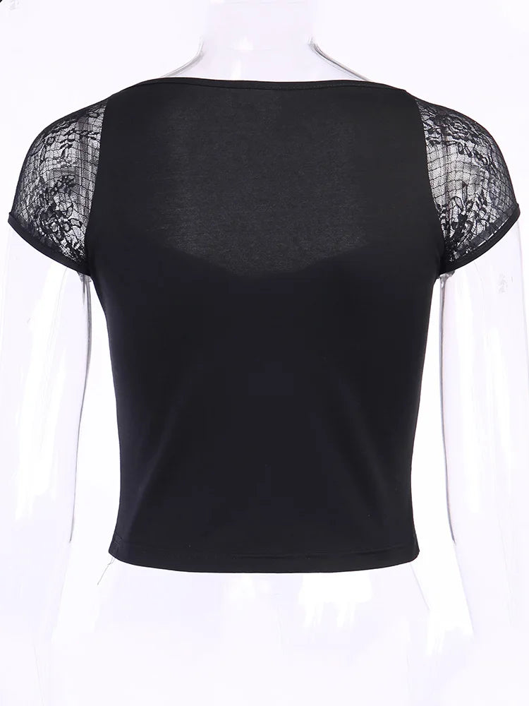 Camisetas góticas vintage para mujer, camisetas negras ajustadas con encaje, ropa de calle gótica, top sexy para mujer, camiseta informal de malla