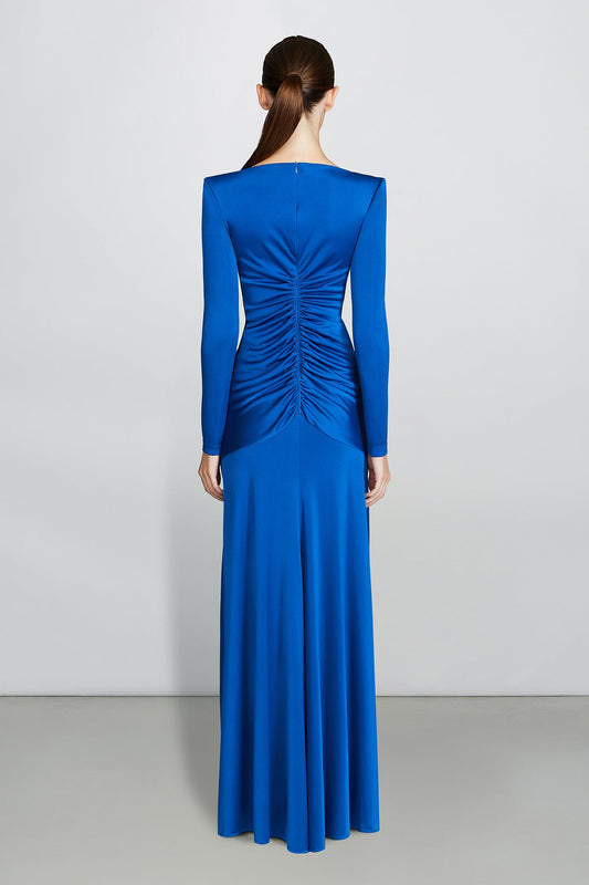 Vestido midi liso con cuello barco fruncido