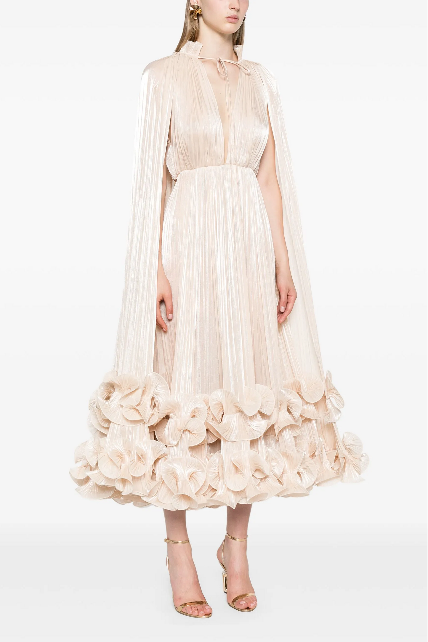 Satin Deep V-Neck Cape Sleeve Midi Dress