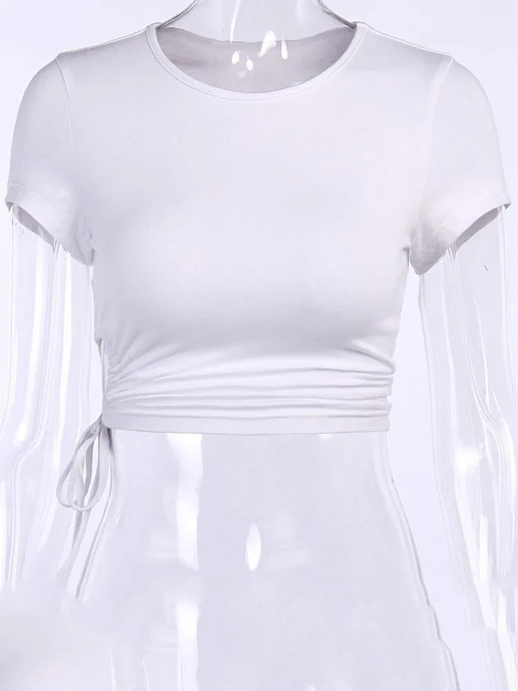 Camiseta blanca corta de verano para mujer, de manga corta, lisa, con cuello redondo, con cordón ajustable, ajustada, a la moda