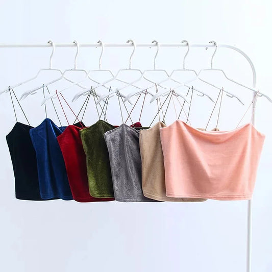 Women Corduroy Korea Solid Color Short Sexy Camisole Female Tie Gold Velvet Bralette Crop Top Streetwear Pink Bustier