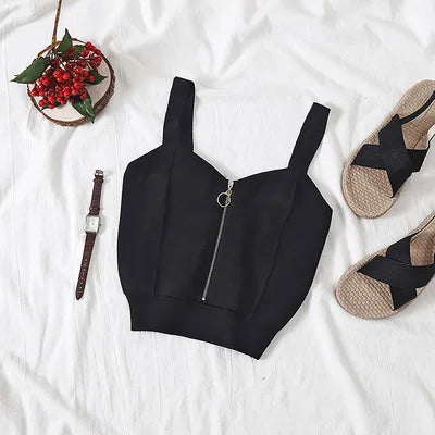 Women Crop Top Club Sexy Zipper Knitting Camisole With Hole Female Tank Tops Ladies Sleeveless Solid Simple Tops Women