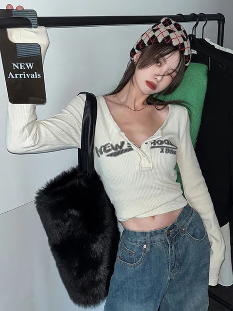 Women Sexy Slim Crop Top Retro Graffiti Print Elastic T Shirt Ribbed Long Sleeve O-neck Tops Grunge Tee Tops